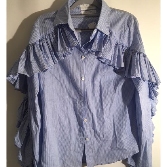 Luxe by Style Keepers Women's Size Medium Light Blue Striped Ruffle Button Down - Picture 3 of 6
